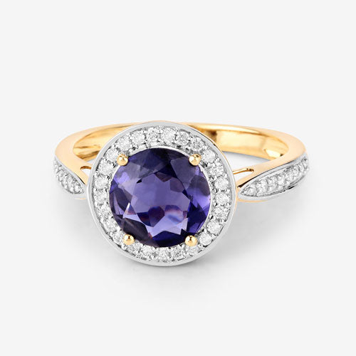 Bague en or jaune 14K avec iolite de 1,79 carat et diamants blancs