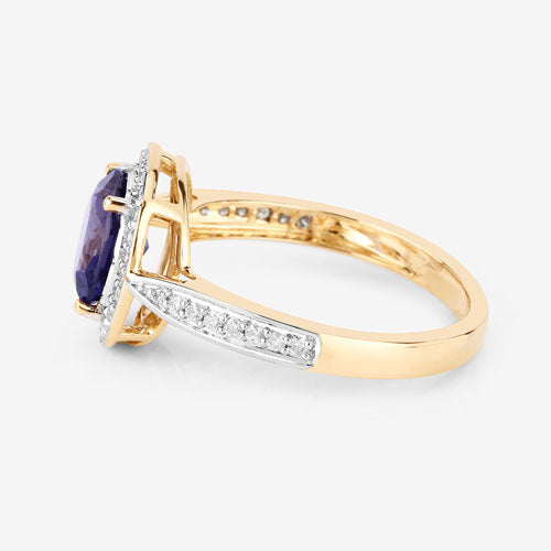 Bague en or jaune 14K avec iolite de 1,79 carat et diamants blancs