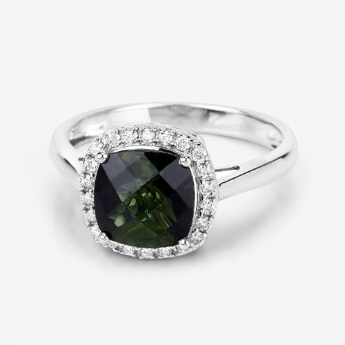 Bague de fiançailles en or blanc 14K avec tourmaline verte de 2,64 carats et diamants