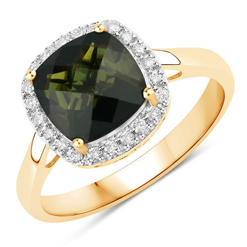 2.64 Carat Green Tourmaline & White Diamond 14K Yellow Gold Ring