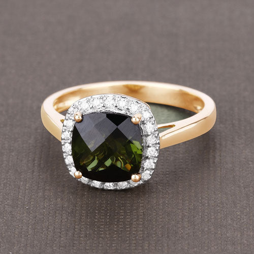 2.64 Carat Green Tourmaline & White Diamond 14K Yellow Gold Ring