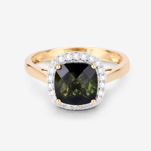 2.64 Carat Green Tourmaline & White Diamond 14K Yellow Gold Ring