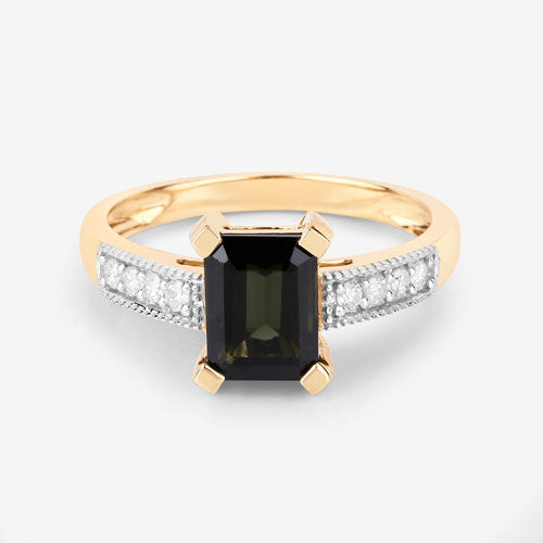 Anillo de 1.91 quilates de turmalina verde y diamante en oro amarillo de 14 quilates