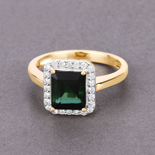 3.02 Carat Green Tourmaline & White Diamond 14K Yellow Gold Ring