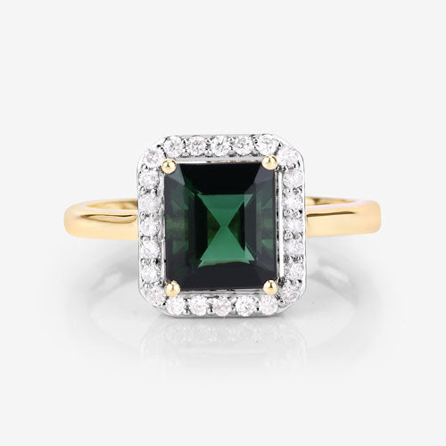 3.02 Carat Green Tourmaline & White Diamond 14K Yellow Gold Ring