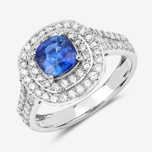 Anillo de Compromiso de Zafiro Azul y Diamante de 1.96 Quilates en Oro Blanco de 18K