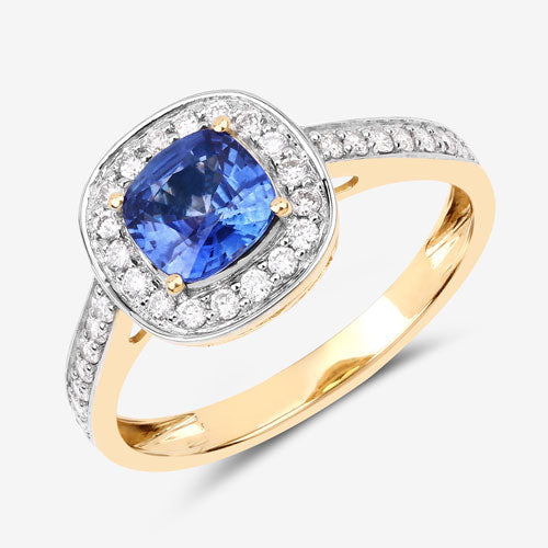 Bague de fiançailles en saphir bleu et diamant de 1,31 carat en or jaune 18K