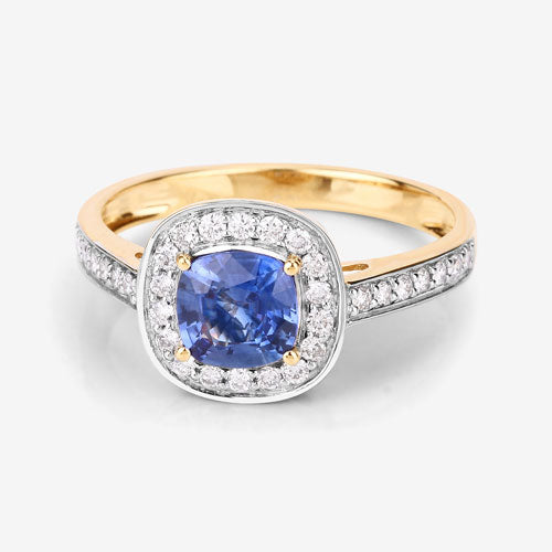 Bague de fiançailles en saphir bleu et diamant de 1,31 carat en or jaune 18K