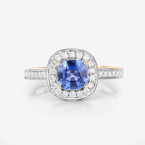 Bague de fiançailles en saphir bleu et diamant de 1,31 carat en or jaune 18K