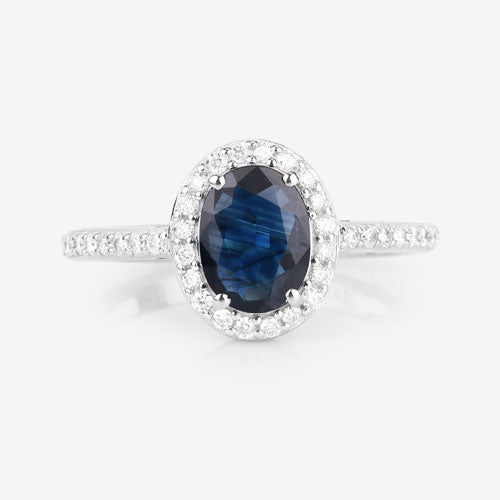 1.82 Carat Blue Sapphire and Diamond 14K White Gold Engagement Ring