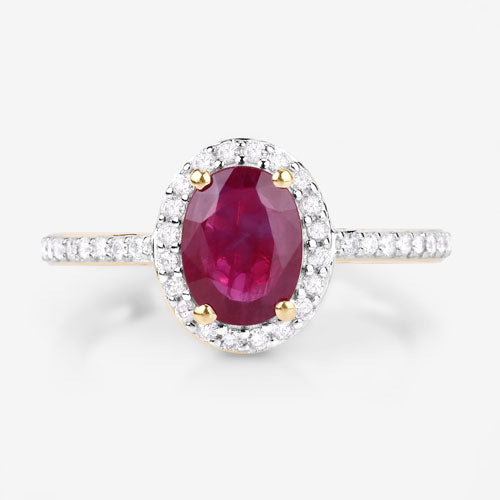 Anillo Halo de Rubí y Diamantes de 1.73 Quilates en Oro Amarillo de 14K