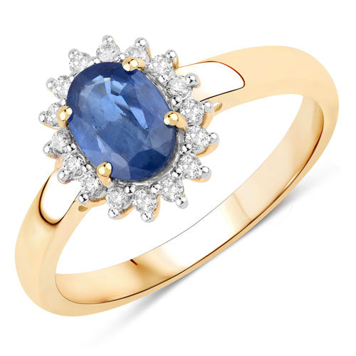 Anillo Halo de Zafiro Azul y Diamantes de 1.11 Quilates en Oro Amarillo de 10K