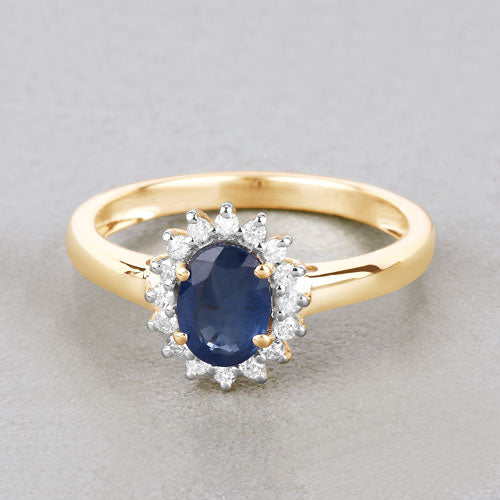 Anillo Halo de Zafiro Azul y Diamantes de 1.11 Quilates en Oro Amarillo de 10K