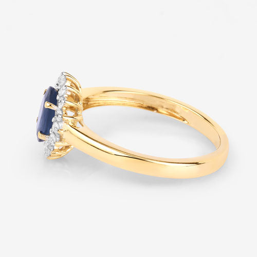 Anillo Halo de Zafiro Azul y Diamantes de 1.11 Quilates en Oro Amarillo de 10K