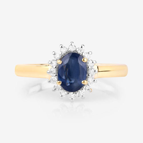 Anillo Halo de Zafiro Azul y Diamantes de 1.11 Quilates en Oro Amarillo de 10K