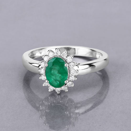 0.86 Carat Zambian Emerald & Diamond 14K White Gold Engagement Ring