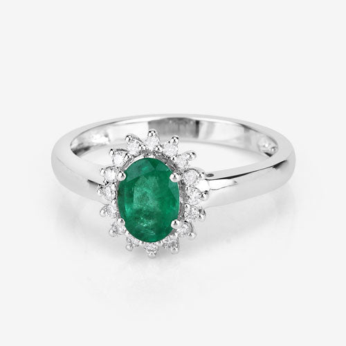 0.86 Carat Zambian Emerald & Diamond 14K White Gold Engagement Ring