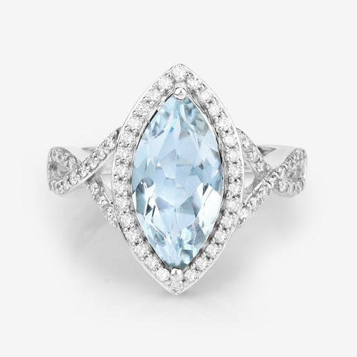 Bague de fiançailles en or blanc 14K avec aquamarine et diamants de 2,24 carats