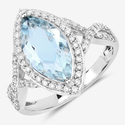 Bague de fiançailles en or blanc 14K avec aquamarine et diamants de 2,24 carats
