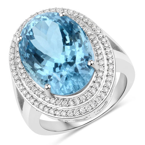 Bague de fiançailles en or blanc 14K avec aquamarine et diamants de 12,89 carats