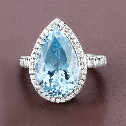 13.42 Carat Aquamarine & Diamond 14K White Gold Engagement Ring