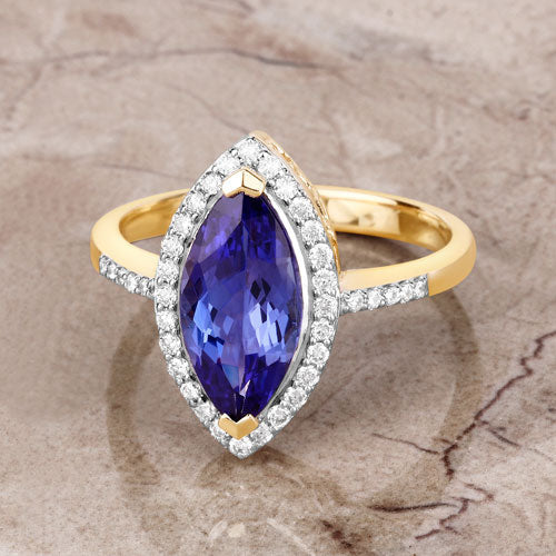 Bague en or jaune 14K avec tanzanite et diamants de 2,33 carats