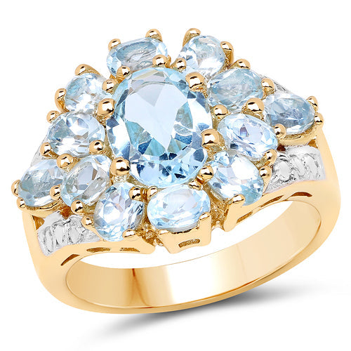 14K Yellow Gold Plated Blue Topaz Floral Ring