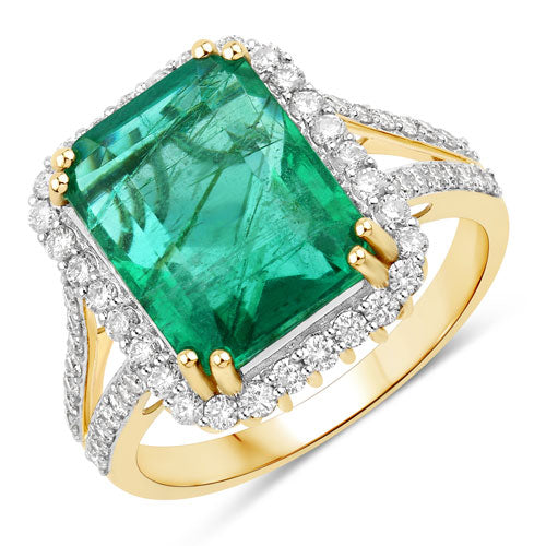 Bague en Or 14K avec Émeraude Zambienne et Diamants Certifiés IGI de 6,96 Carats