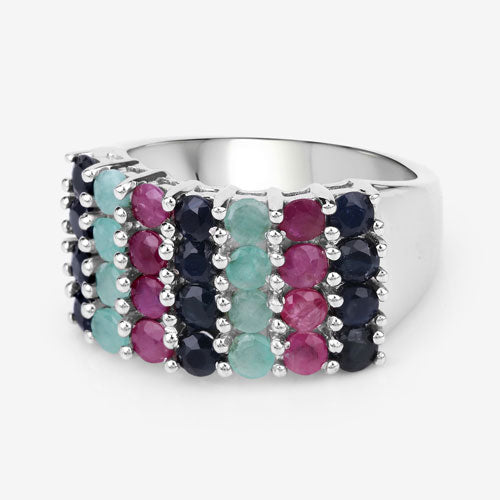 3.40 Carat Emerald, Ruby & Black Sapphire Sterling Silver Ring