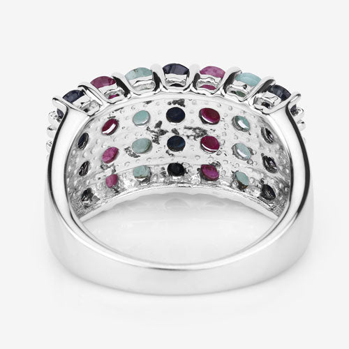 3.40 Carat Emerald, Ruby & Black Sapphire Sterling Silver Ring