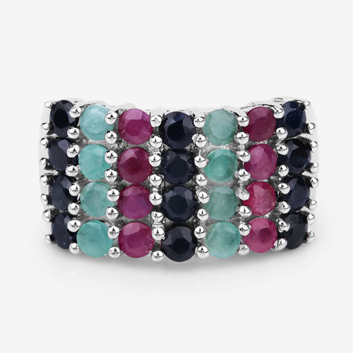 3.40 Carat Emerald, Ruby & Black Sapphire Sterling Silver Ring