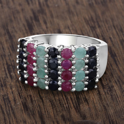 3.40 Carat Emerald, Ruby & Black Sapphire Sterling Silver Ring