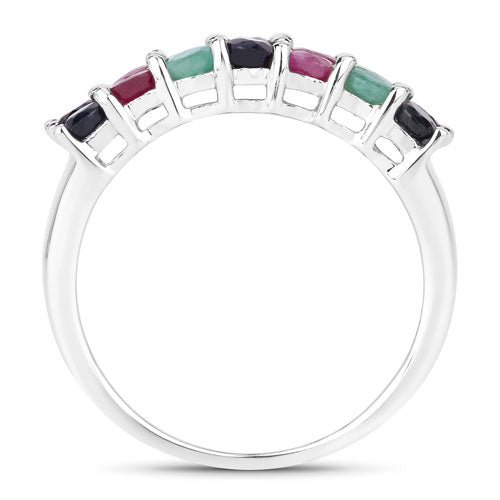 3.40 Carat Emerald, Ruby & Black Sapphire Sterling Silver Ring