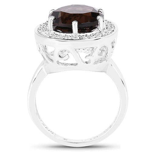 Anillo de Plata Esterlina con Cuarzo Ahumado de 4.52 Quilates y Topacio Blanco