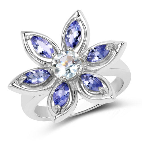 1.34 Carat Aquamarine and Tanzanite Sterling Silver Ring