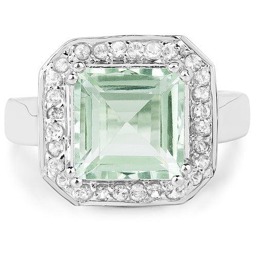 Bague en argent sterling avec améthyste verte de 5,21 carats et topaze blanche