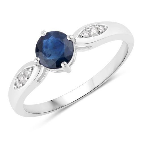 Bague en Or Blanc 10K avec Saphir Bleu de 0,89 Carat et Diamant Blanc