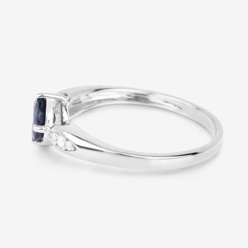 Bague en Or Blanc 10K avec Saphir Bleu de 0,89 Carat et Diamant Blanc