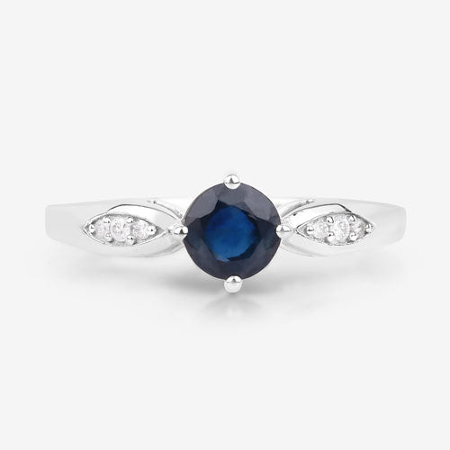 Bague en Or Blanc 10K avec Saphir Bleu de 0,89 Carat et Diamant Blanc