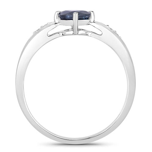 Bague en Or Blanc 10K avec Saphir Bleu de 0,89 Carat et Diamant Blanc