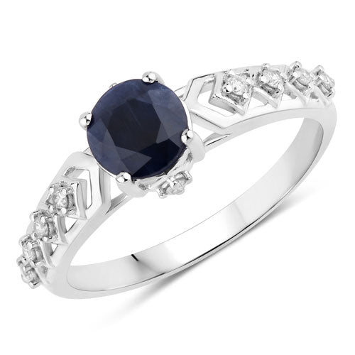 Bague en Or Blanc 10K avec Saphir Bleu de 1,13 Carat et Diamants Blancs