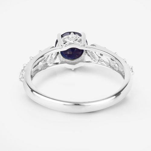 Bague en Or Blanc 10K avec Saphir Bleu de 1,13 Carat et Diamants Blancs