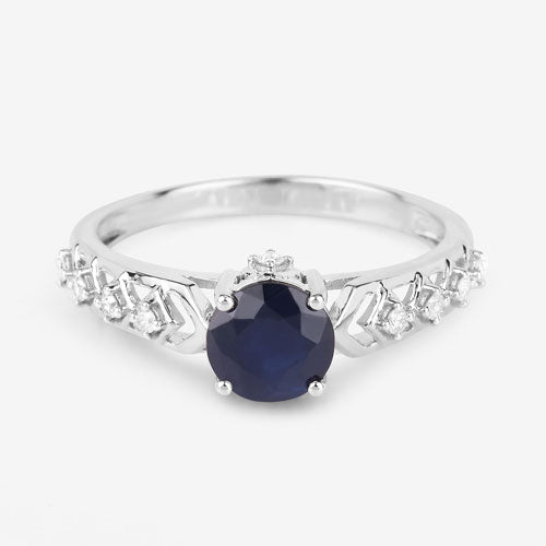 Bague en Or Blanc 10K avec Saphir Bleu de 1,13 Carat et Diamants Blancs