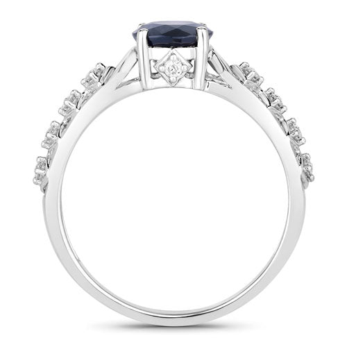 Bague en Or Blanc 10K avec Saphir Bleu de 1,13 Carat et Diamants Blancs