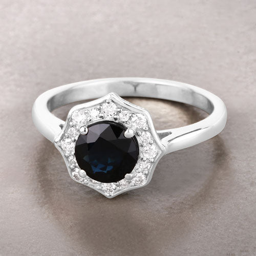 Bague de fiançailles en saphir bleu et diamant de 1,34 carat en or blanc 10K