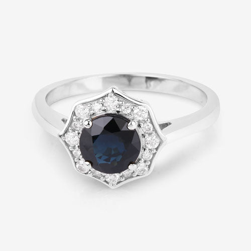 Bague de fiançailles en saphir bleu et diamant de 1,34 carat en or blanc 10K