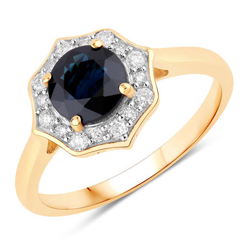 Anillo Halo de Zafiro Azul y Diamantes de 1.34 Quilates en Oro Amarillo de 10K