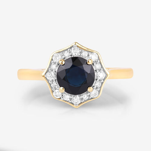 Anillo Halo de Zafiro Azul y Diamantes de 1.34 Quilates en Oro Amarillo de 10K