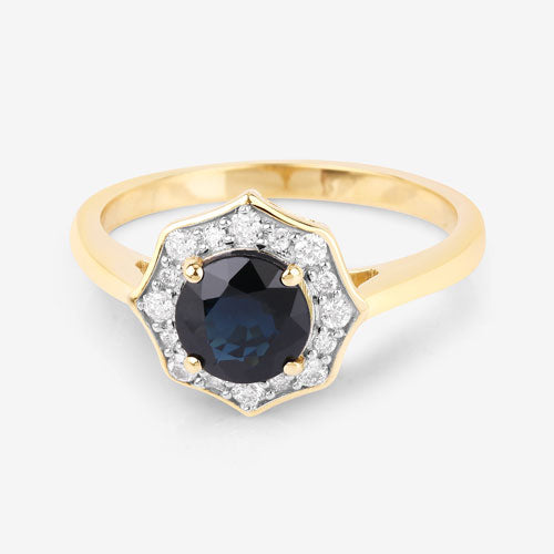 Anillo Halo de Zafiro Azul y Diamantes de 1.34 Quilates en Oro Amarillo de 10K
