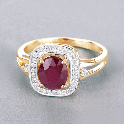 1.67 Carat Ruby and Diamond Halo Ring in 14K Yellow Gold
